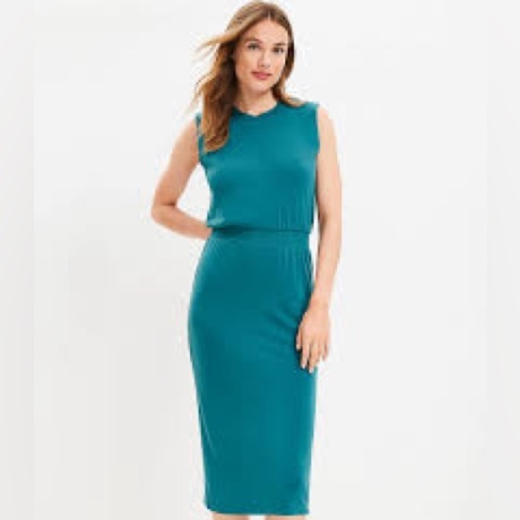 Lou & Grey - Dark Teal Signature Cinched Waist Sleeveless Midi Dress Size Large - Picture 1 of 10